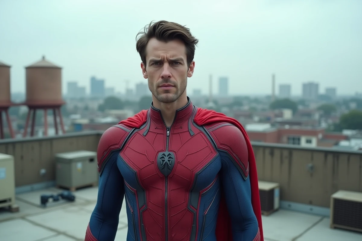 Acteur en costume de Spider-Man sur un toit urbain, illustrant la transformation physique et visuelle du personnage au cinéma