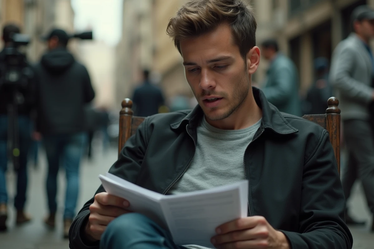 Acteur masculin sur un plateau de tournage de film de super-héros, incarnant le rôle de Spider-Man dans une production cinématographique