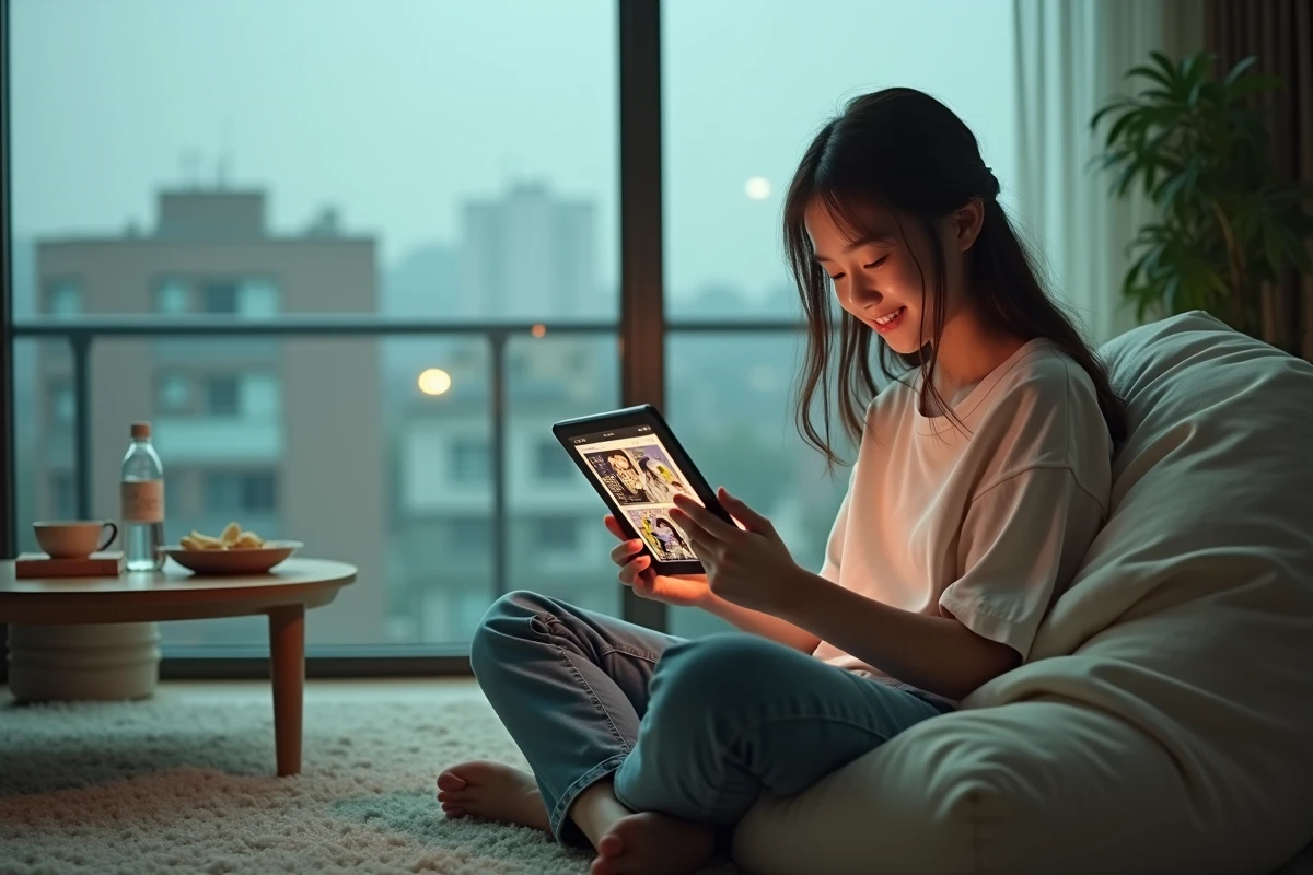 Adolescente lisant des mangas en VF sur une tablette numérique dans un salon moderne et détendu