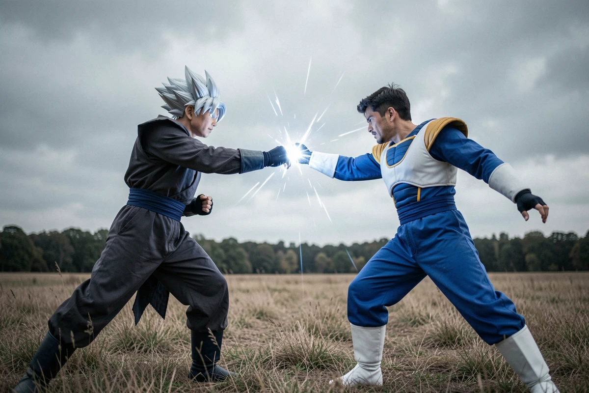 Deux cosplayers incarnant Black Goku et Vegeta Blue dans un affrontement épique en plein air avec effet de mouvement