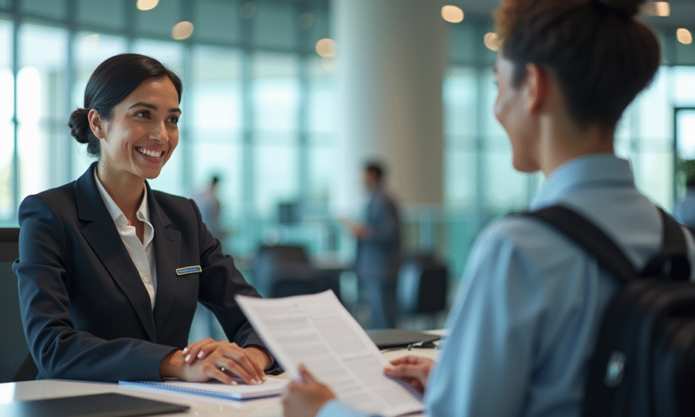 Agent de douane souriant à un comptoir aéroport