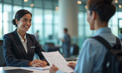 Agent de douane souriant à un comptoir aéroport