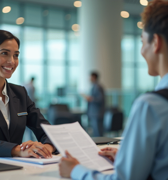 Agent de douane souriant à un comptoir aéroport