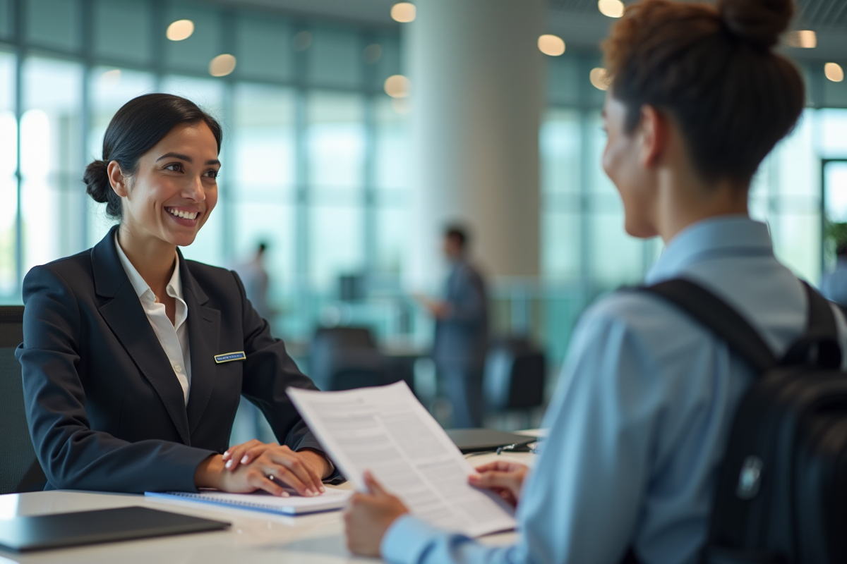 Agent de douane souriant à un comptoir aéroport
