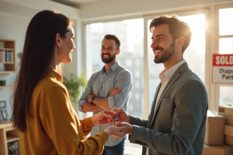 Agent immobilier remettant les clés à un jeune couple dans un appartement lumineux