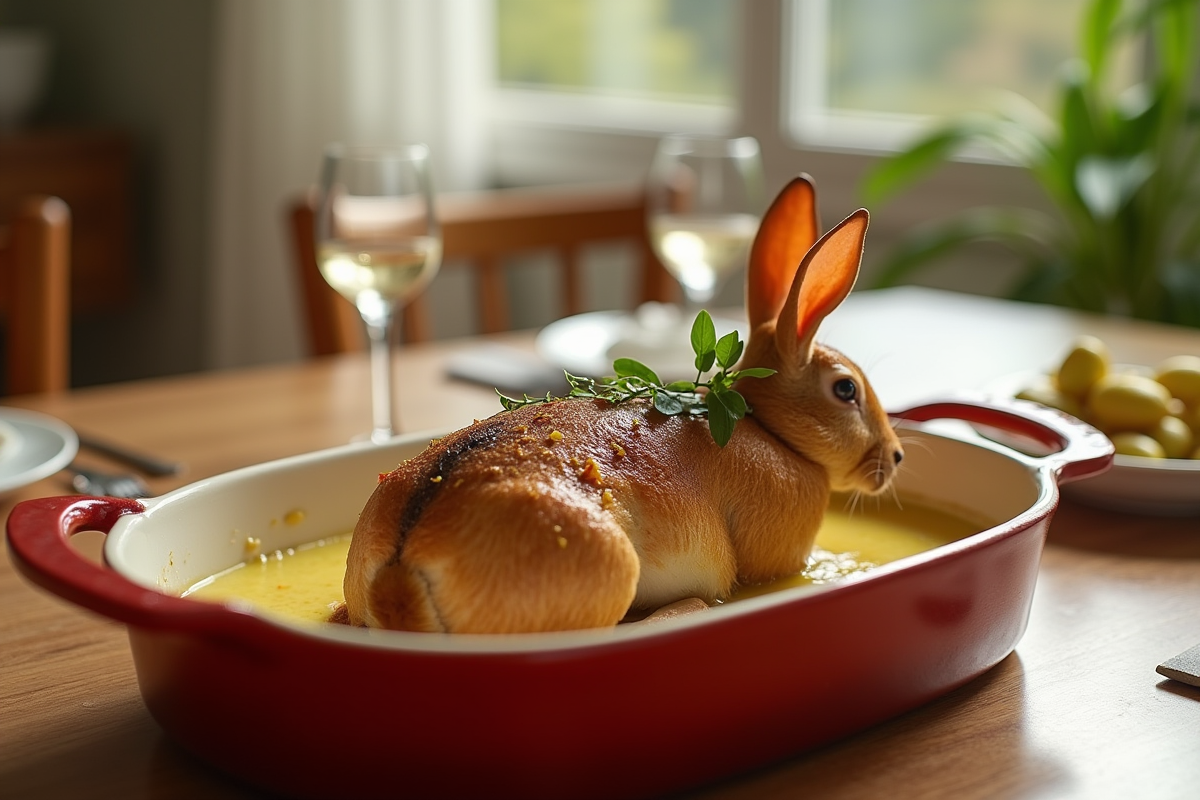 Agneau rôti avec sauce moutarde sur table en famille