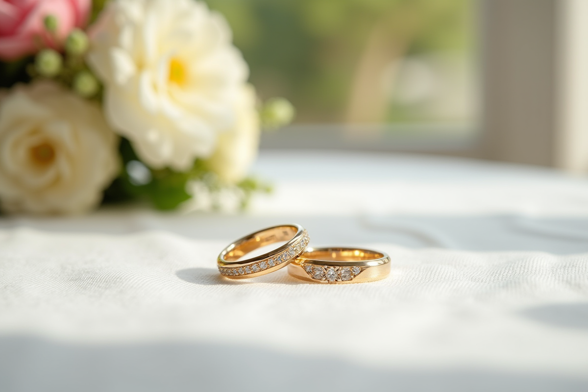 Alliances de mariage sur une nappe blanche avec fleurs en arrière-plan