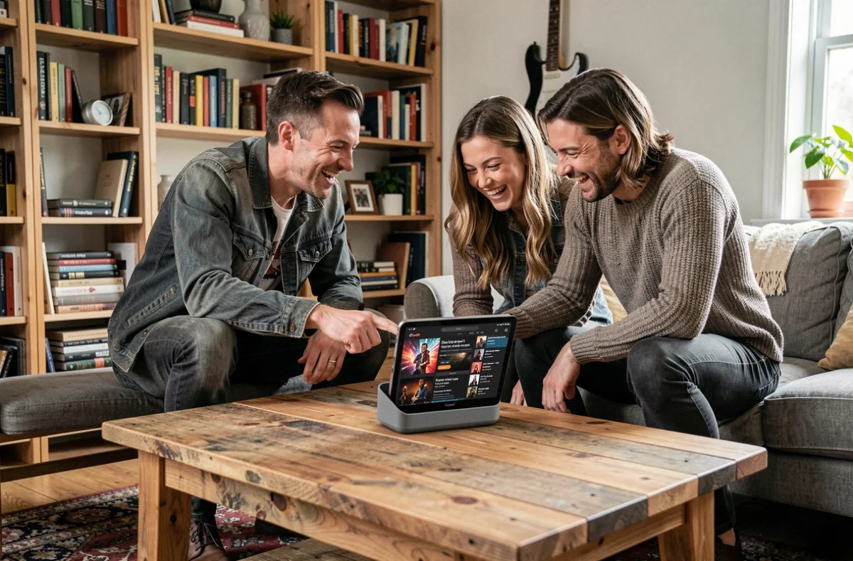 Deux amis découvrant ensemble les meilleures radios rock en ligne via une tablette et une enceinte connectée dans un salon