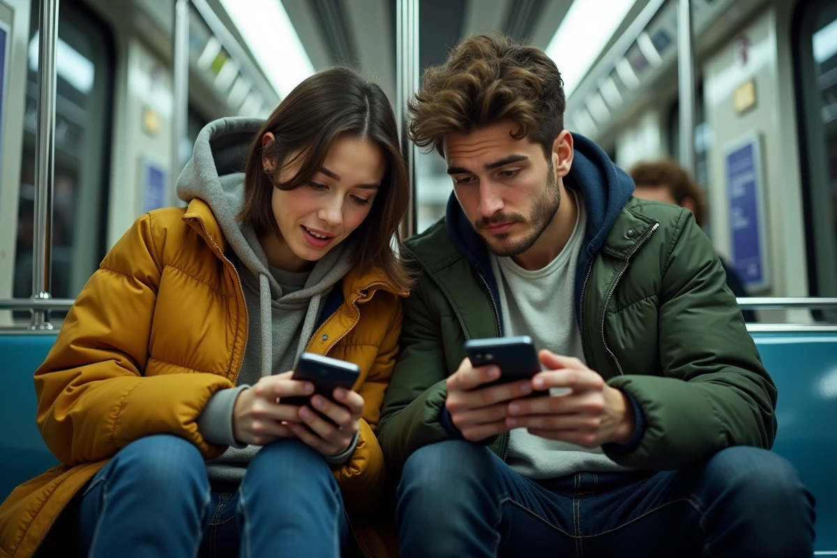 Deux amis lisant des mangas en français sur smartphone dans le métro, réagissant ensemble à leur lecture
