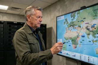 Analyste militaire en veste de terrain devant une carte numérique des conflits en Ukraine et au Sahel dans une salle d'opérations moderne