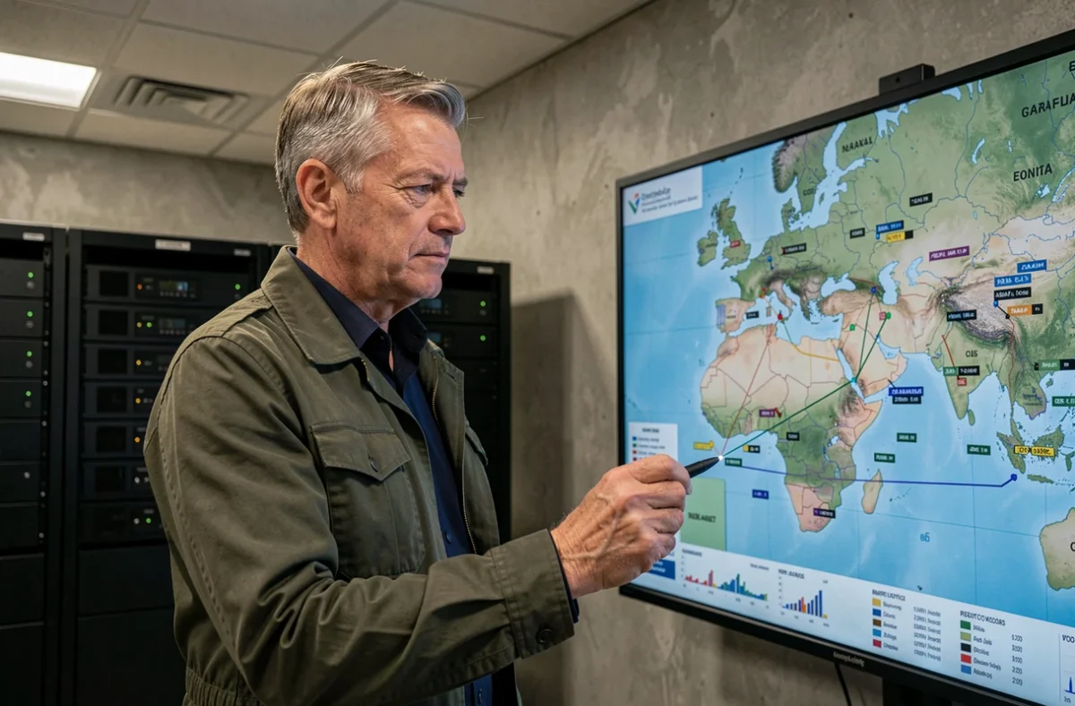 Analyste militaire en veste de terrain devant une carte numérique des conflits en Ukraine et au Sahel dans une salle d'opérations moderne