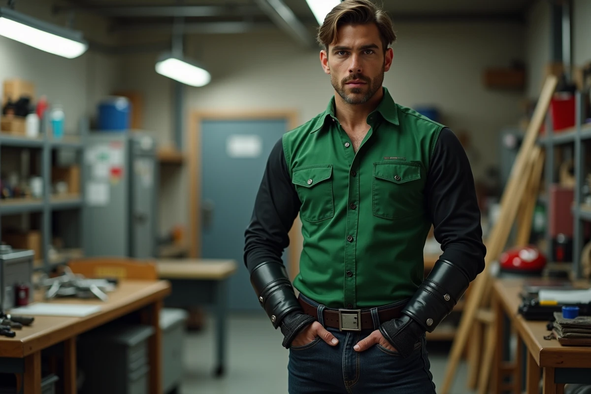 Cosplayer Android 17 dans un atelier garage intérieur