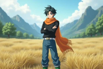 Jeune homme cosplay Android 17 en extérieur nature