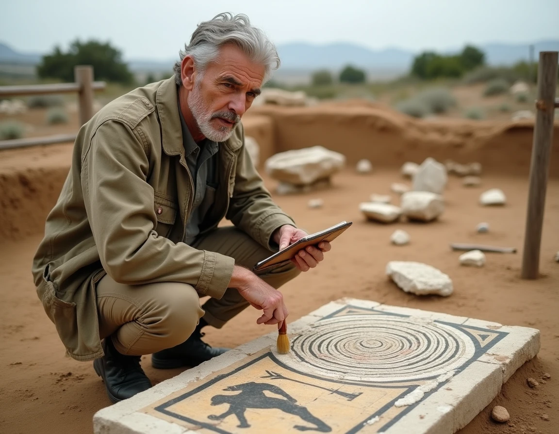 Archéologue examinant une mosaïque antique représentant le labyrinthe et le Minotaure lors d'une fouille en Grèce