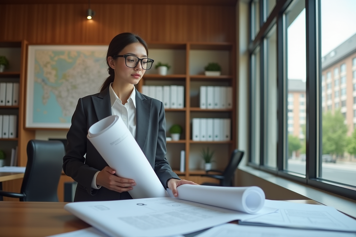 Architecte étudiant des documents de zonage dans un bureau