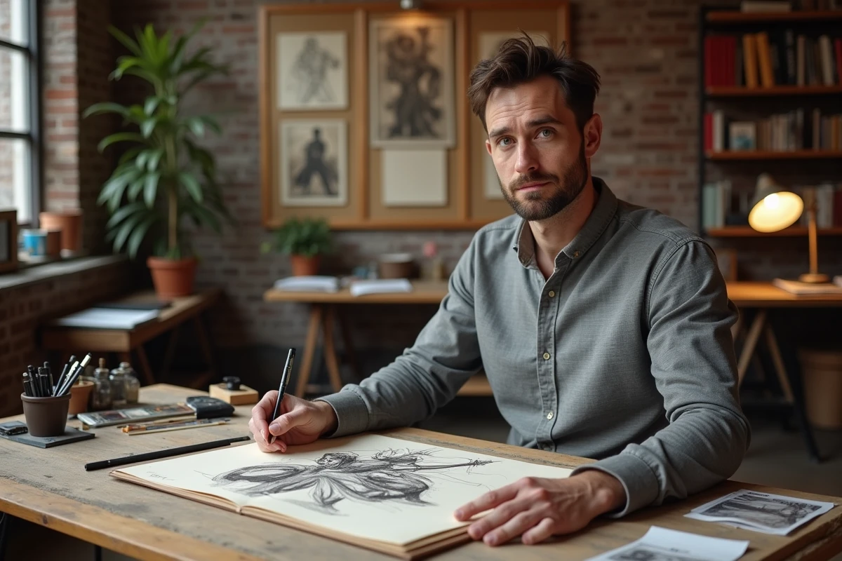 Artiste de bande dessinée travaillant sur des croquis de Clint Barton Hawkeye dans un studio créatif avec des planches Marvel en référence