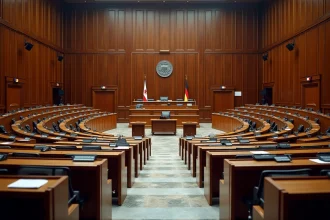 Salle de l'assemblée législative allemande avec sièges en bois et drapeaux des Länder allemands alignés sur les murs