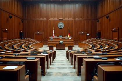 Salle de l'assemblée législative allemande avec sièges en bois et drapeaux des Länder allemands alignés sur les murs