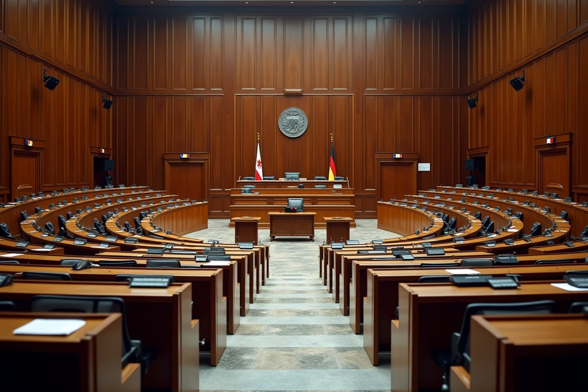 Salle de l'assemblée législative allemande avec sièges en bois et drapeaux des Länder allemands alignés sur les murs