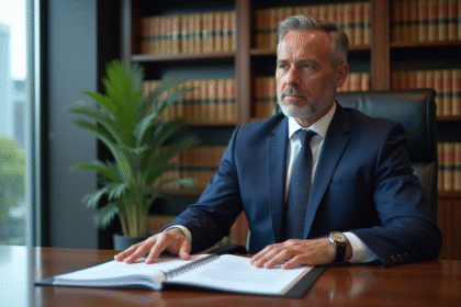 Avocat d'affaires en costume bleu dans son bureau professionnel