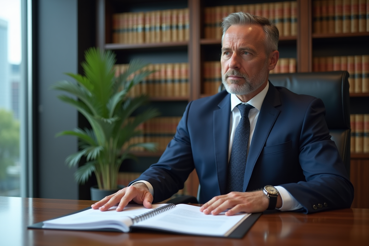 Avocat d'affaires en costume bleu dans son bureau professionnel