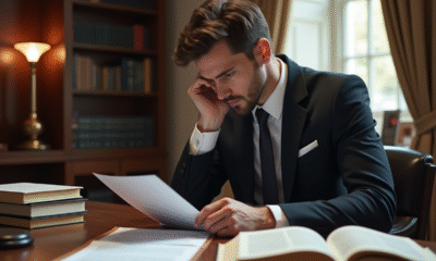 Avocat réfléchi lisant un document juridique dans un bureau élégant