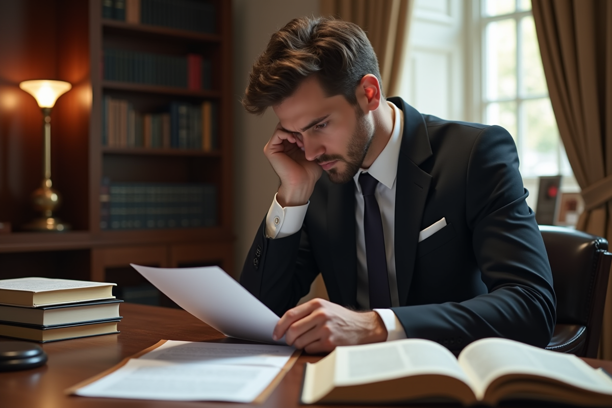 Avocat réfléchi lisant un document juridique dans un bureau élégant