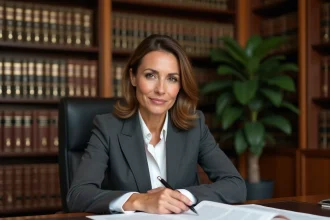 Avocate professionnelle en bureau relisant une lettre juridique formelle pour une affaire en cours