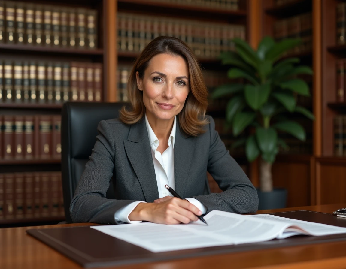 Avocate professionnelle en bureau relisant une lettre juridique formelle pour une affaire en cours