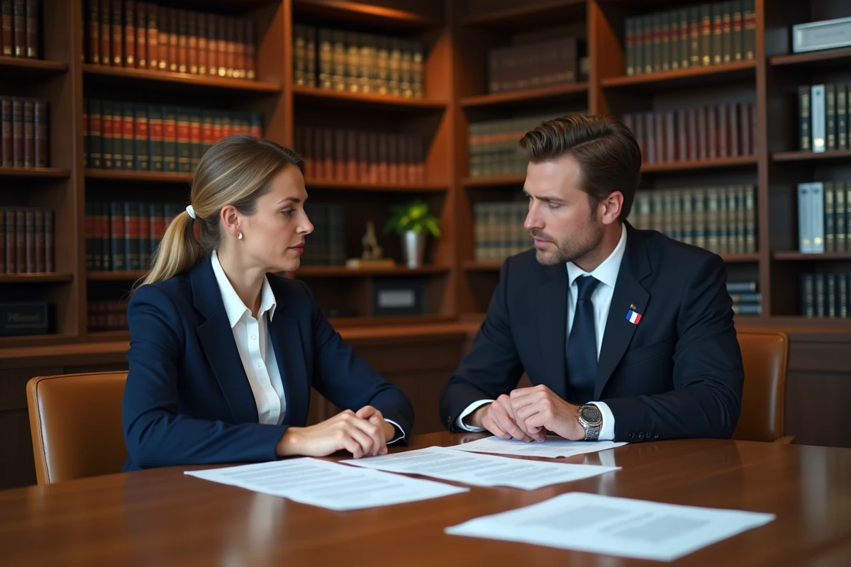 Avocate et cliente consultant des documents juridiques dans un cabinet de droit, dans le contexte d'une procédure judiciaire et d'une décision de déboutement