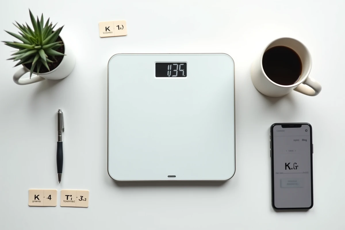Vue de dessus d'une balance numérique de cuisine avec des fiches de conversion kilogrammes et tonnes sur un plan de travail blanc