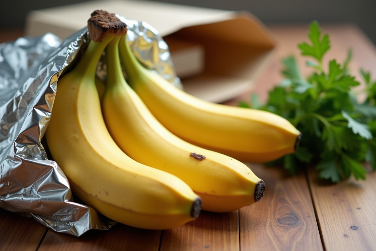 Bananes mûres partiellement emballées avec un sac en papier
