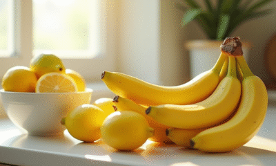 Bananes jaunes sur le comptoir avec un bol de citrons