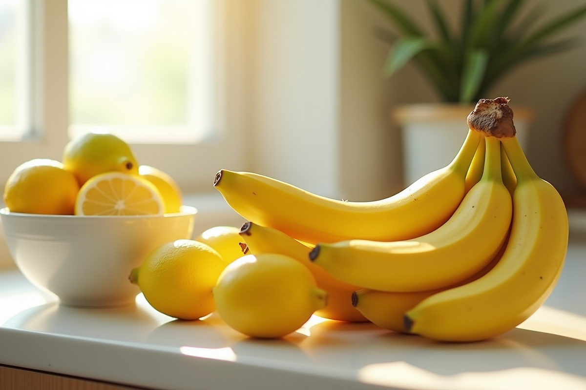 Bananes jaunes sur le comptoir avec un bol de citrons