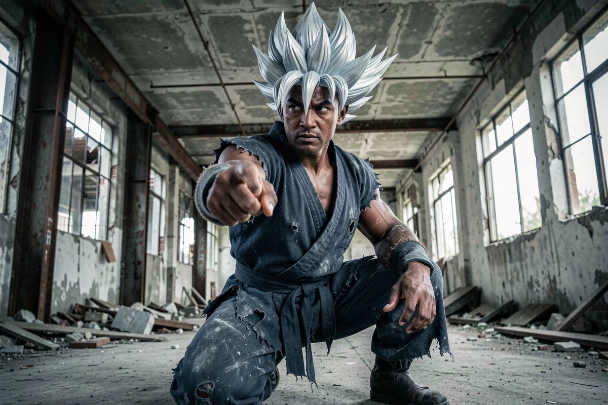 Cosplayer Black Goku en pose de transformation dans un entrepôt industriel abandonné avec gi endommagé et cheveux argentés