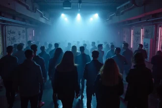 Foule de jeunes adultes dansant dans une boîte de nuit électro souterraine à Paris avec une ambiance industrielle