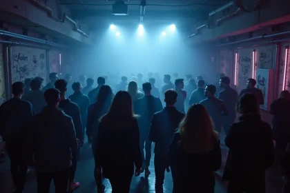 Foule de jeunes adultes dansant dans une boîte de nuit électro souterraine à Paris avec une ambiance industrielle
