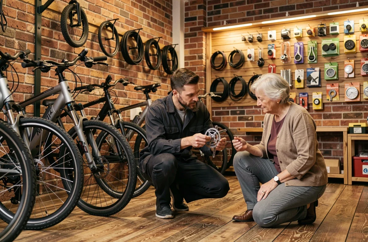 Intérieur chaleureux de Bouticycle avec un technicien expliquant les freins d'un vélo électrique à une cliente