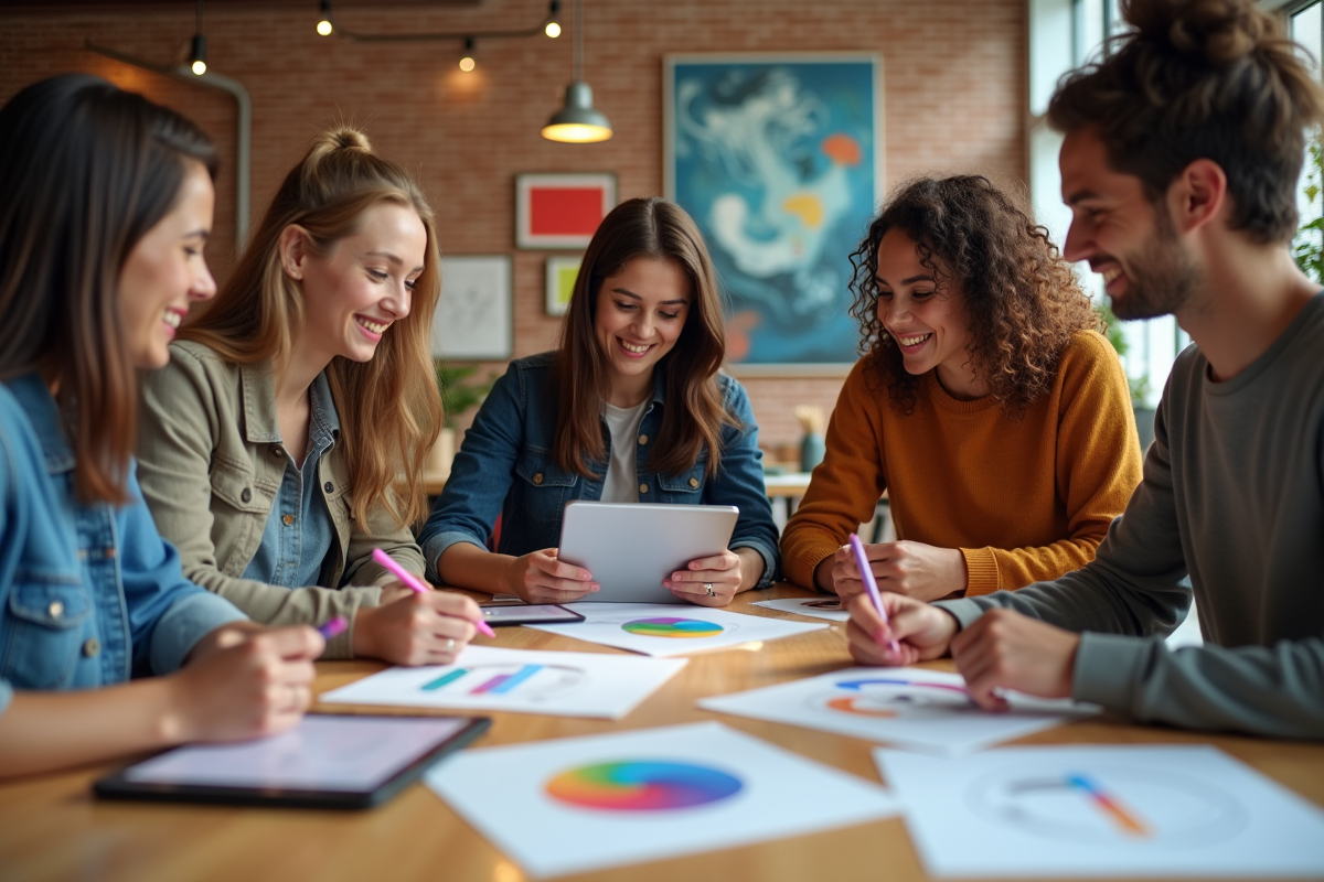 Groupe de jeunes discutant autour d une table de coworking