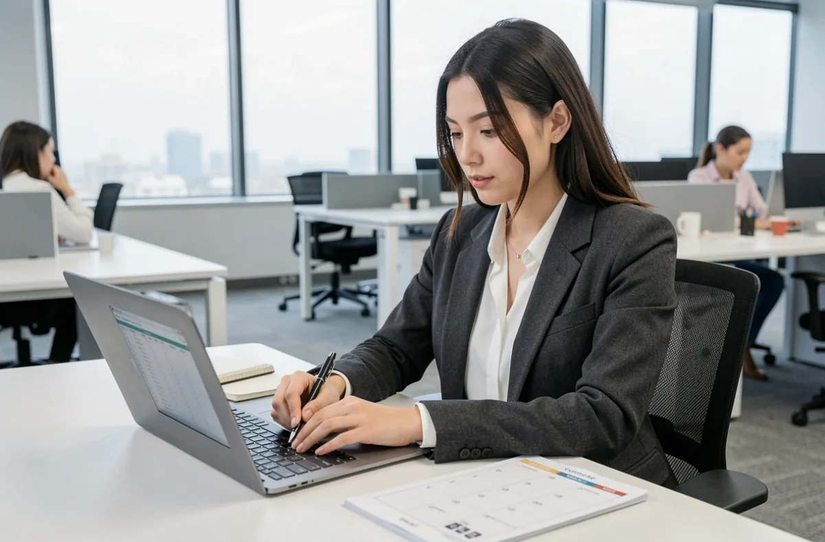 Jeune femme calculant des semaines entre deux dates sur un ordinateur portable dans un bureau professionnel