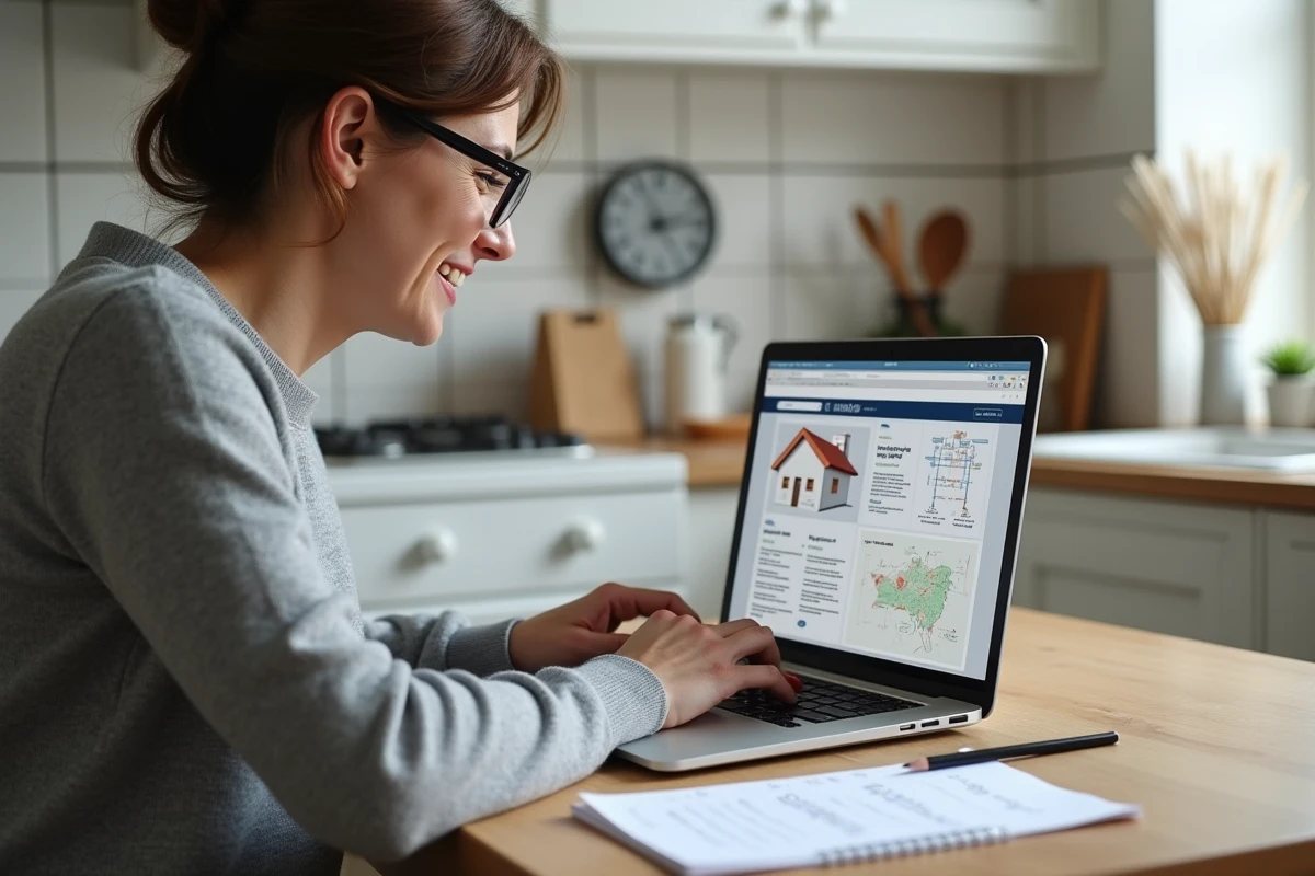 Femme utilisant un calculateur de charge électrique en ligne sur un ordinateur portable pour planifier son tableau électrique