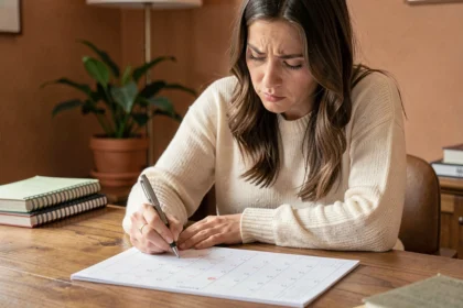 Femme calculant le nombre de semaines entre deux dates sur un calendrier papier à son bureau