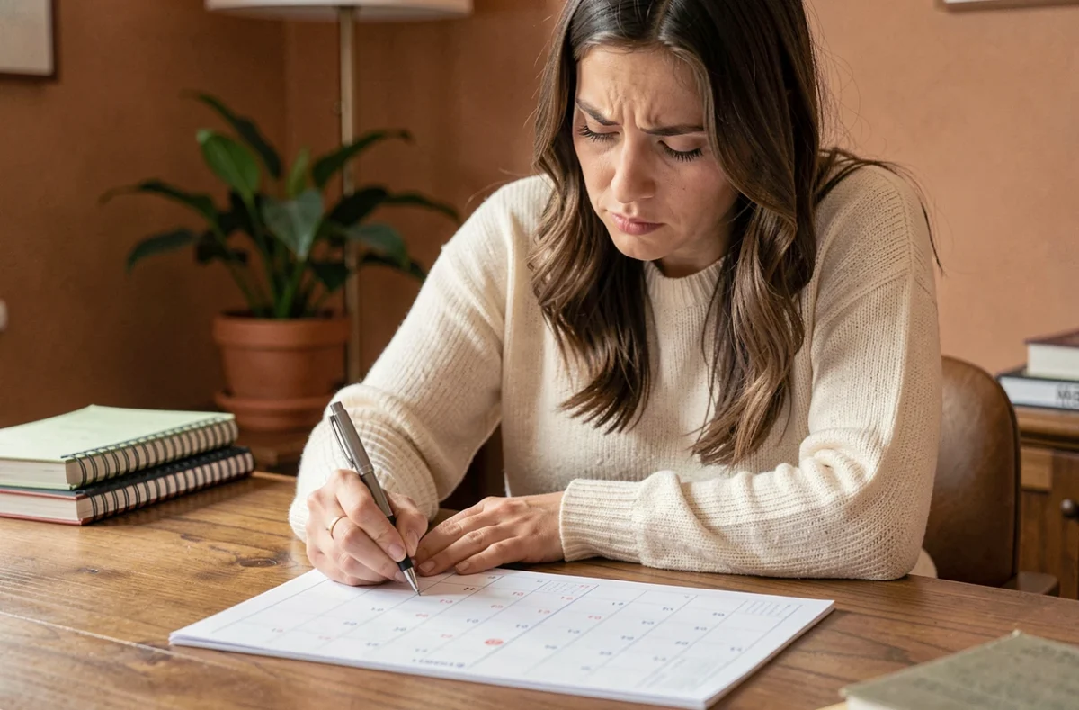 Femme calculant le nombre de semaines entre deux dates sur un calendrier papier à son bureau