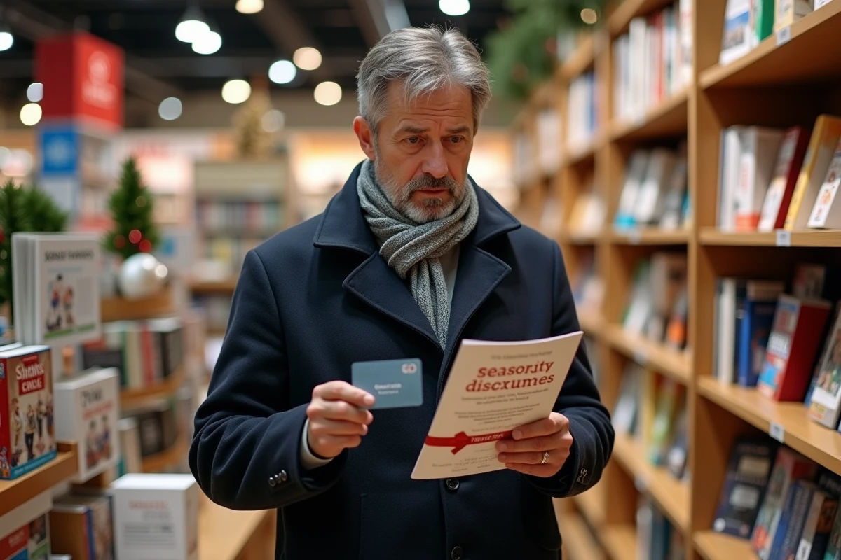 Homme tenant une carte cadeau Chapters et un prospectus promotionnel saisonnier dans une librairie décorée pour les fêtes
