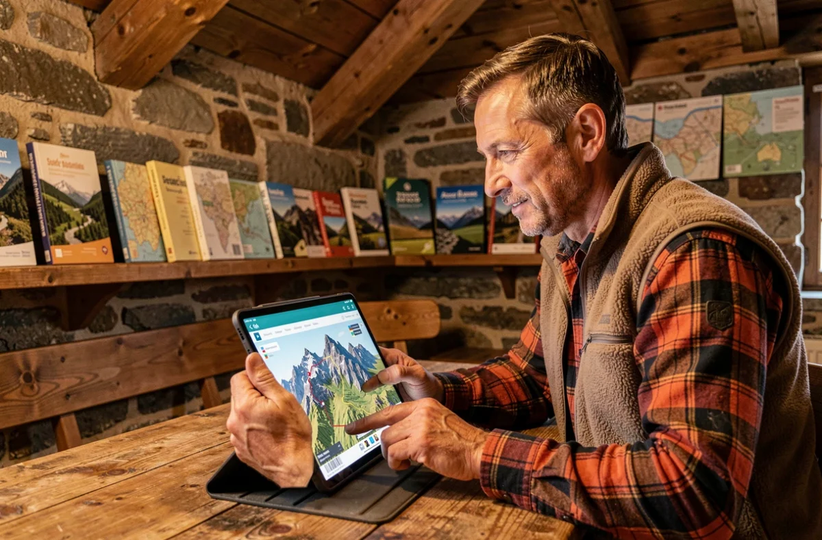 Randonneur utilisant une carte interactive sur tablette dans un refuge de montagne des Alpes françaises