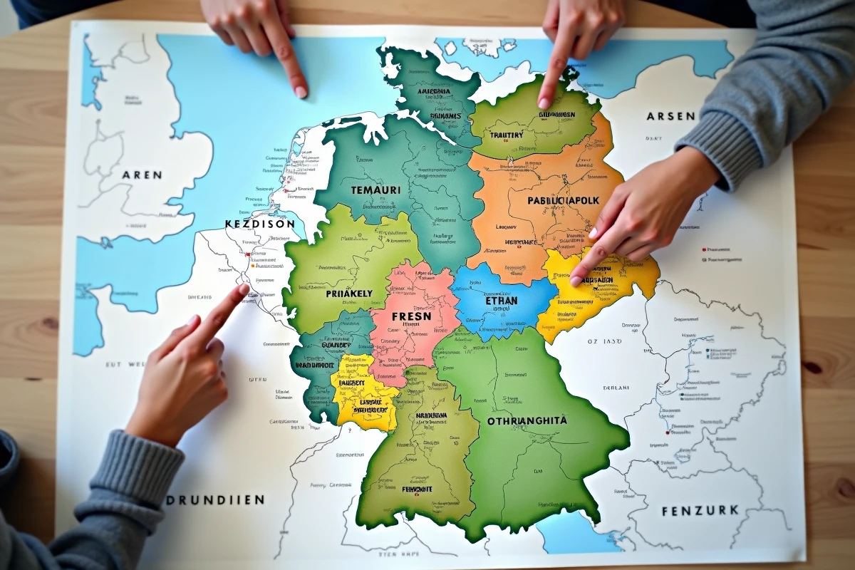 Carte physique détaillée des seize Länder allemands posée sur une table avec des mains indiquant les régions