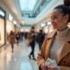 Intérieur lumineux d'un centre commercial moderne avec des personnes tenant des chèques cadeau Kadeos Infini