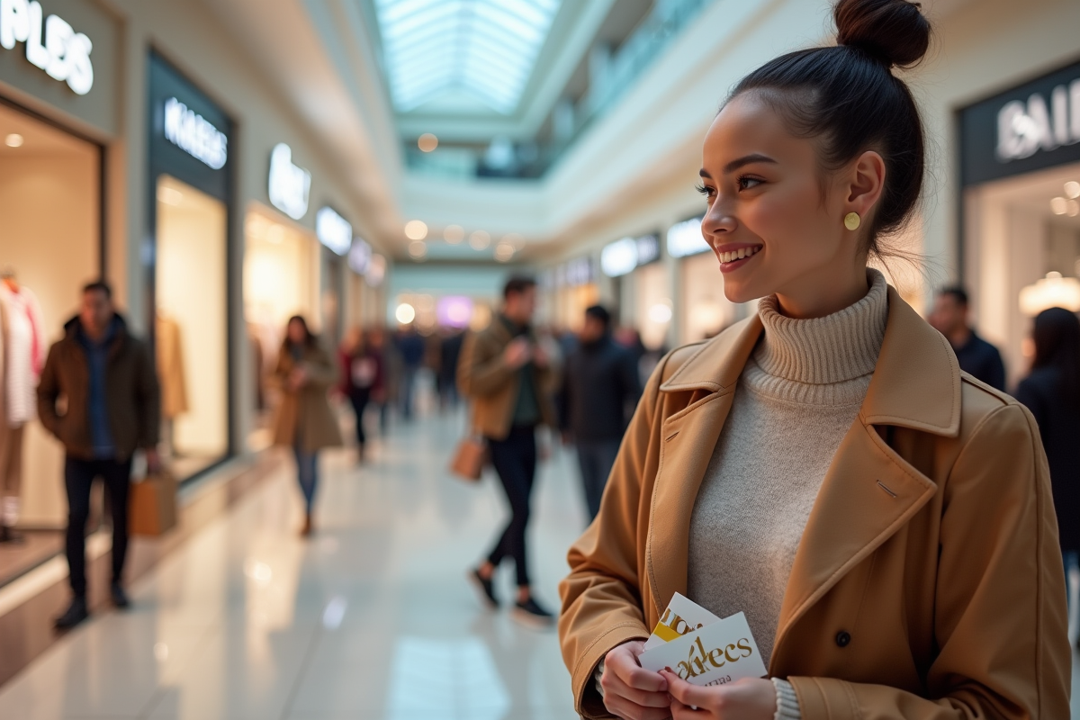Intérieur lumineux d'un centre commercial moderne avec des personnes tenant des chèques cadeau Kadeos Infini