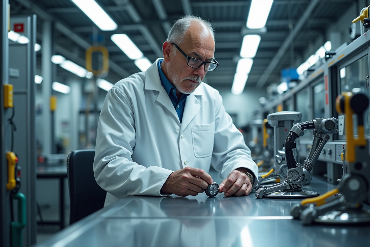 Chercheur en blouse blanche inspectant des composants robotiques en laboratoire