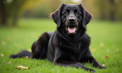 Golden retriever noir assis sur la pelouse verte